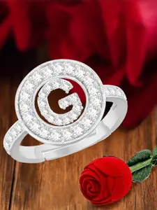 MEENAZ Silver-Plated G Alphabet CZ-Studded Ring
