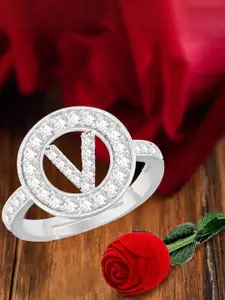 MEENAZ Silver-Plated V Alphabet CZ-Studded Ring