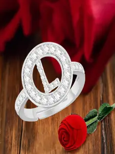 MEENAZ Silver-Plated L Alphabet CZ-Studded Ring