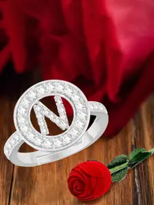 MEENAZ Silver-Plated N Alphabet CZ-Studded Ring