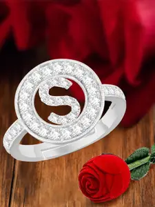 MEENAZ Silver-Plated S Alphabet CZ-Studded Ring