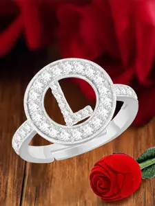 MEENAZ Silver-Plated L Alphabet CZ-Studded Ring