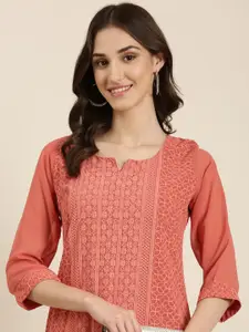 SHOWOFF Floral Embroidered Thread Work Straight Kurta