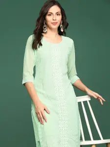 SHOWOFF Ethnic Motifs Embroidered Thread Work Straight Kurta