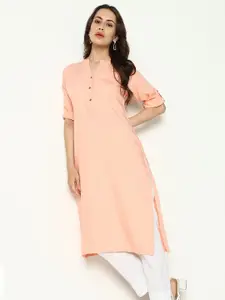 SHOWOFF Mandarin Collar Roll-Up Sleeves Cotton Kurta