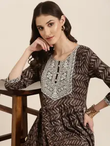 SHOWOFF Geometric Printed Thread Work A-line Kurta