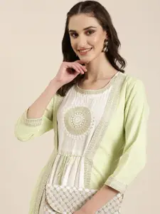 SHOWOFF Ethnic Motifs Embroidered Mirror Work A-Line Kurta With Shrug