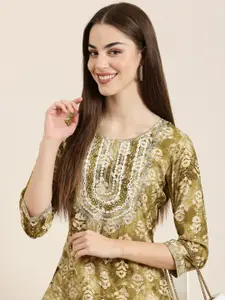 SHOWOFF Floral Printed Cotton Straight Kurta