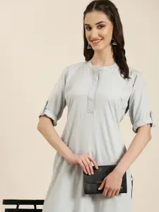 SHOWOFF Mandarin Collar Roll-Up Sleeves A-line Kurta