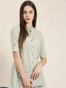 SHOWOFF Striped Cotton Mandarin Collar Roll-Up Sleeves Kurta