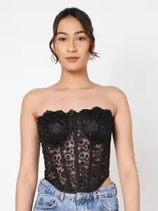 LIYOKKI Floral Lace Sheer Strapless Lace Up Corset Crop Top