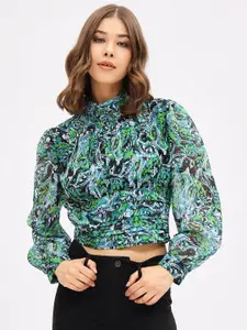 Harpa Floral Printed High Neck Gathered or Pleated Chiffon Crop Top