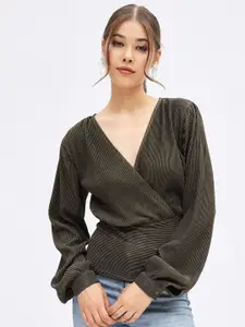 Harpa Striped Cuffed Sleeves Wrap Top