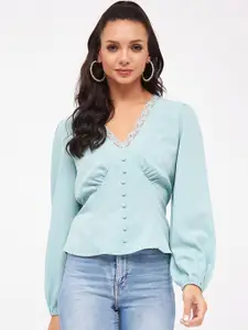 Harpa Turquoise V-Neck Puff Sleeves Top