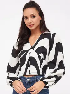 Harpa Abstract Printed Puff Sleeves Shirt Style Crop Top