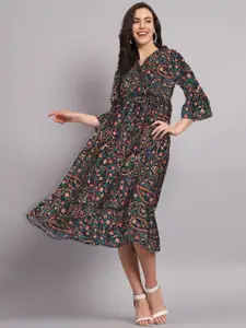 The Dry State Ethnic Printed V-Neck Bell Sleeve Gathered Tiered Fit & Flare Midi Dress