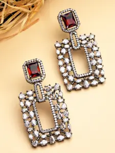 KARATCART Silver-Plated Red Cubic Zirconia Geometric Drop Earrings