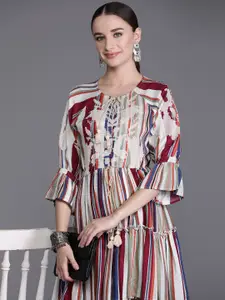 Indo Era Abstract Printed Tie-Up Neck Bell Sleeve Ruffled A-Line Mini Dress