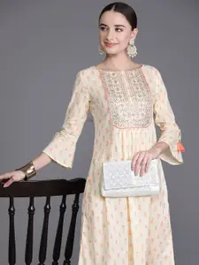 Indo Era Ethnic Motifs Embroidered Bell Sleeve A-Line Midi Dress