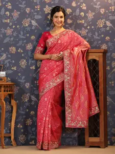 House of Pataudi Floral Woven Design Zardozi Silk Blend Heavy Work Saree