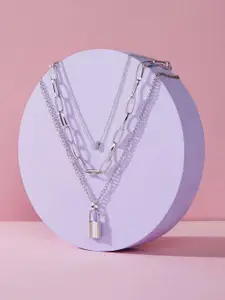 Krelin Silver-Plated Triple Layered Lock & Heart Pendant Necklace