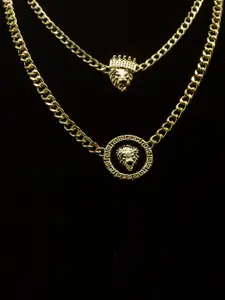 FIMBUL Gold-Toned & Black Gold-Plated Lion Head With Crown Pendant Layered Necklace
