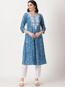 Saffron Threads Floral Print Chikankari Embroidery Pure Cotton A-Line Kurta