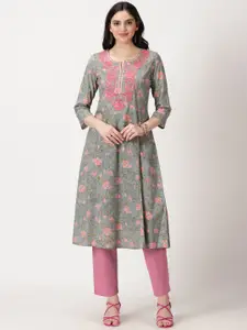 Saffron Threads Floral Printed Thread Work A-Line Pure Cotton Kurta