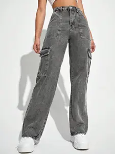 Next One Women Smart Wide Leg Light Fade High-Rise Clean Look Stretchable Cargo Jeans