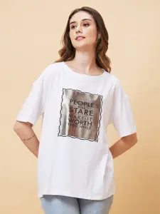 Globus Typography Printed Drop-Shoulder Pure Cotton Oversized T-shirt