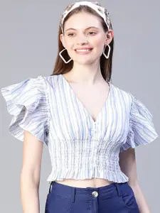 Oxolloxo Striped Flutter Sleeves Cotton Cinched Waist Crop Top