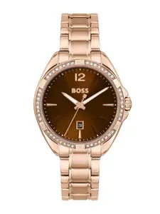BOSS Women Embellished Dial & Toned Stainless Steel Straps Analogue Watch 01502621-Brown