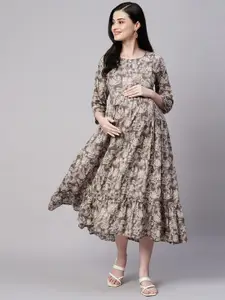 Aanyor Florals Print Gathered Detail Cotton  Maternity Fit and Flare Dress