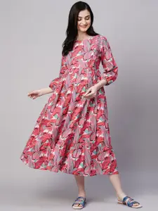 Aanyor Florals Print Puff Sleeves Gathered Detail Cotton Maternity Fit and Flare Dress