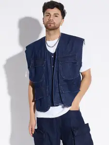 FUGAZEE Collarless Cotton Crop Tailored Jacket With Pocket Detail