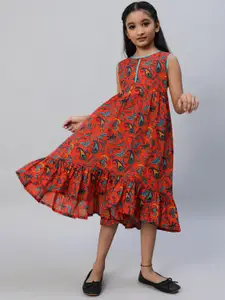 Aks Kids Girls Floral Printed Round Neck Cotton Fit and Flare Dress