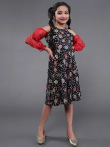 Aks Kids Girls Floral Printed Cold-Shoulder A-Line Dress