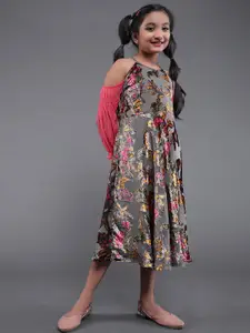 Aks Kids Girls Floral Printed Cold-Shoulder A-Line Midi Dress