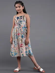 Aks Kids Girls Floral Printed Shoulder Strap Fit & Flare Midi Dress