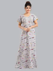 FOMTI Typography Printed Thread Work Detail Pure Cotton Maxi Nightdress