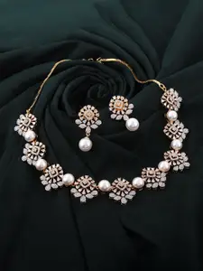 Mirana Gold-Plated Cubic Zirconi- Studded Pearl-Beaded Necklace Set