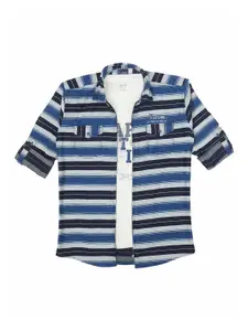 CAVIO Boys Comfort Horizontal Striped Roll-Up Sleeves Pure Cotton Jacket With T-Shirt