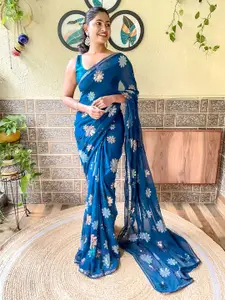 Mitera Teal & Silver-Toned Embellished Sequinned Saree
