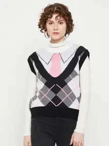 KASMA Self Design Geometric Woollen Sweater Vest