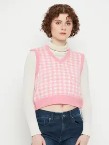 KASMA Self Design Geometric V-Neck Woollen Crop Sweater Vest