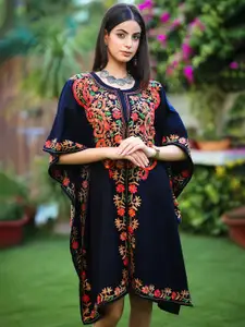 Sangria Floral Embroidered Kimono Sleeve Kaftan Longline Acrylic Kaftan Top