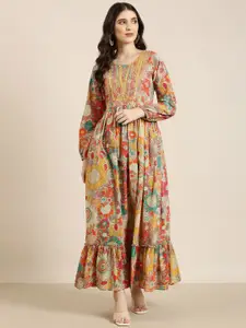 SHOWOFF Floral Printed Mirror Work A-Line Maxi Ethnic Dress