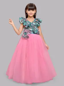 Pink Chick Girls Floral Printed Ruffled Maxi Tulle Gown