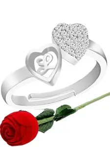 MEENAZ Silver-Plated Cubic Zirconia Studded Adjustable Finger Ring With Rose Box