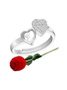 MEENAZ Silver-Plated Cubic Zirconia Studded Adjustable Finger Ring With Rose Box